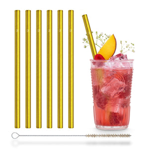 Gold glass straws 6x 8 inch (20 cm) Straight golden glitter