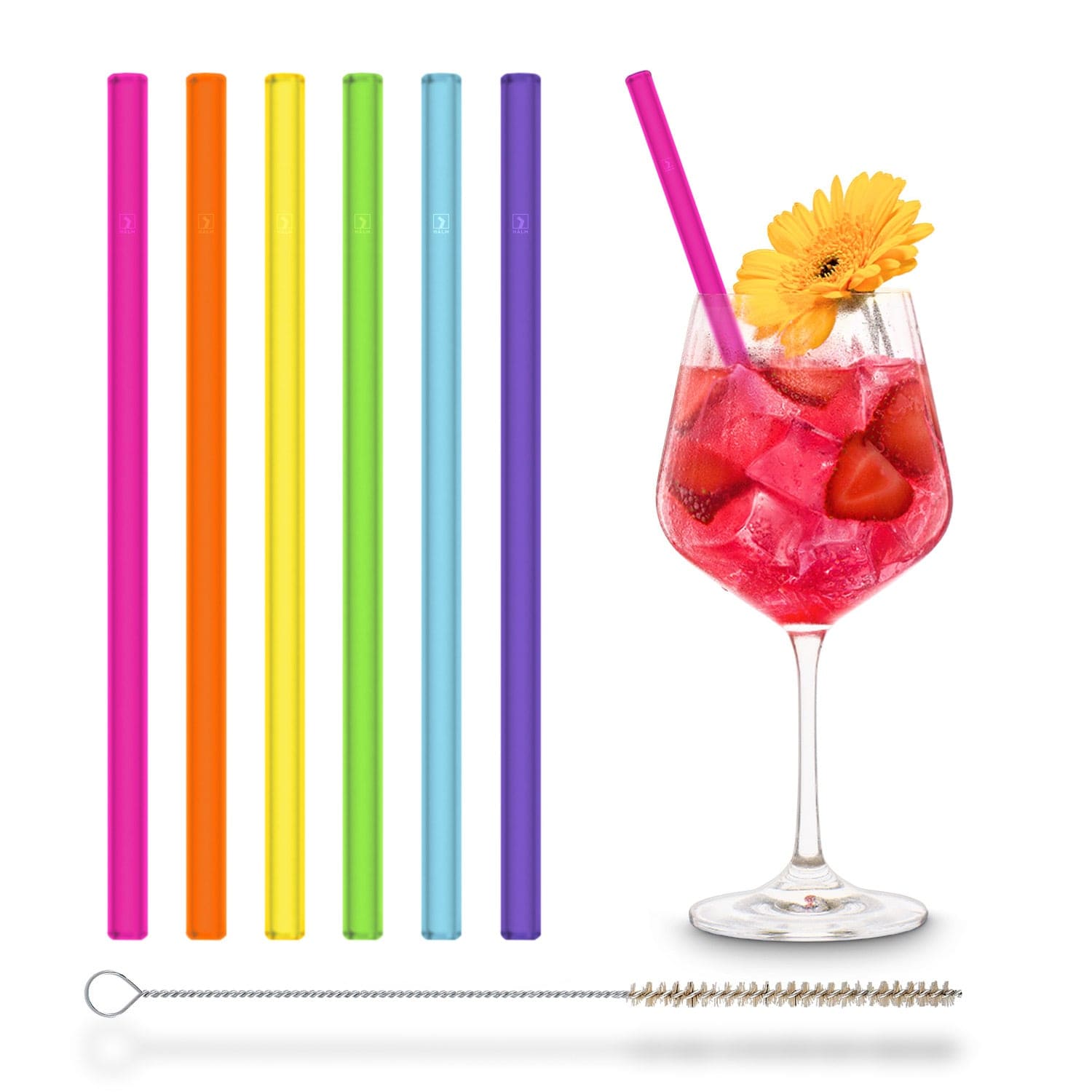 
Colorful glass straws 6x 8 inch (20 cm) Straight NEON rainbow
