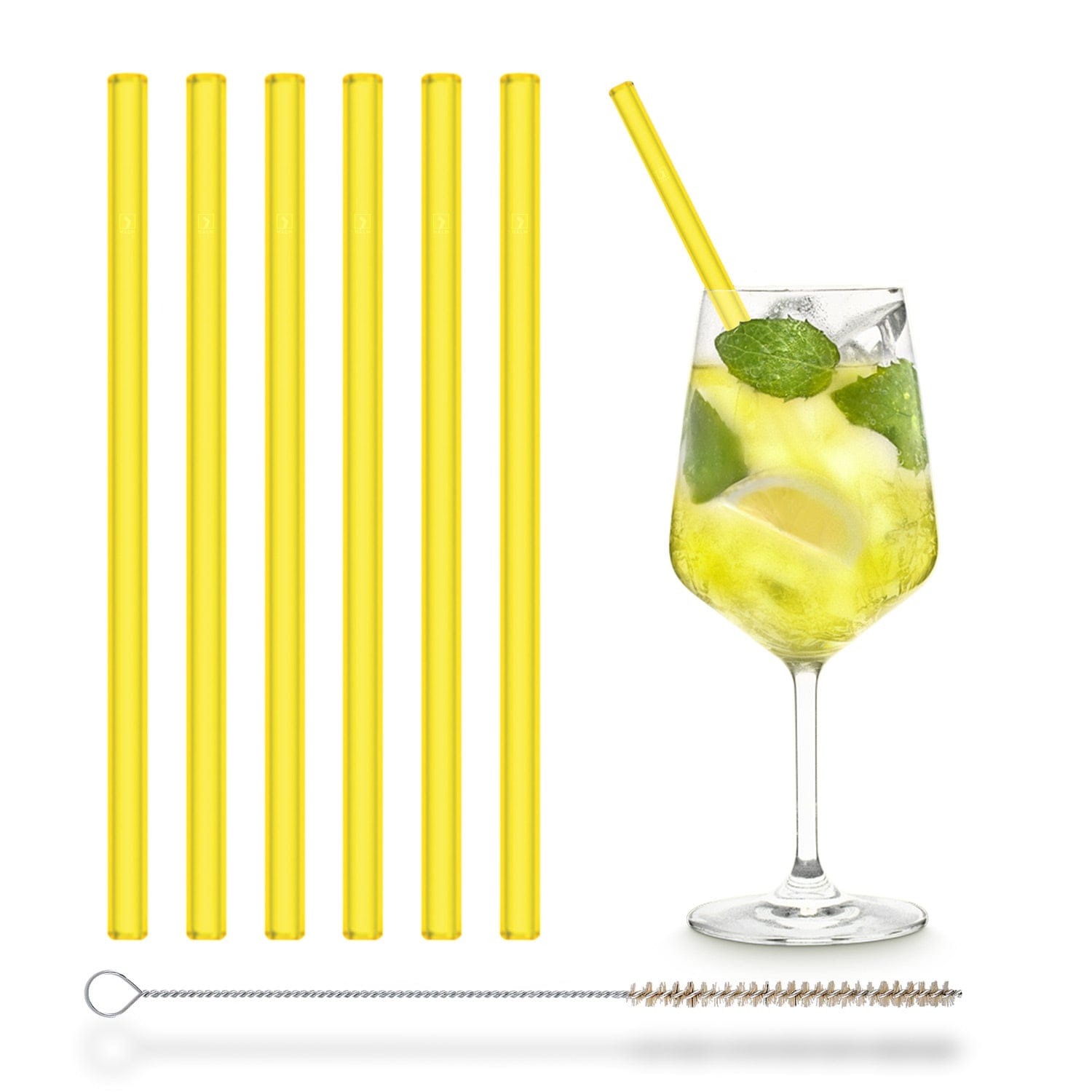 Yellow Glass Straws 6x 8 inch (20 cm) Straight - NEON