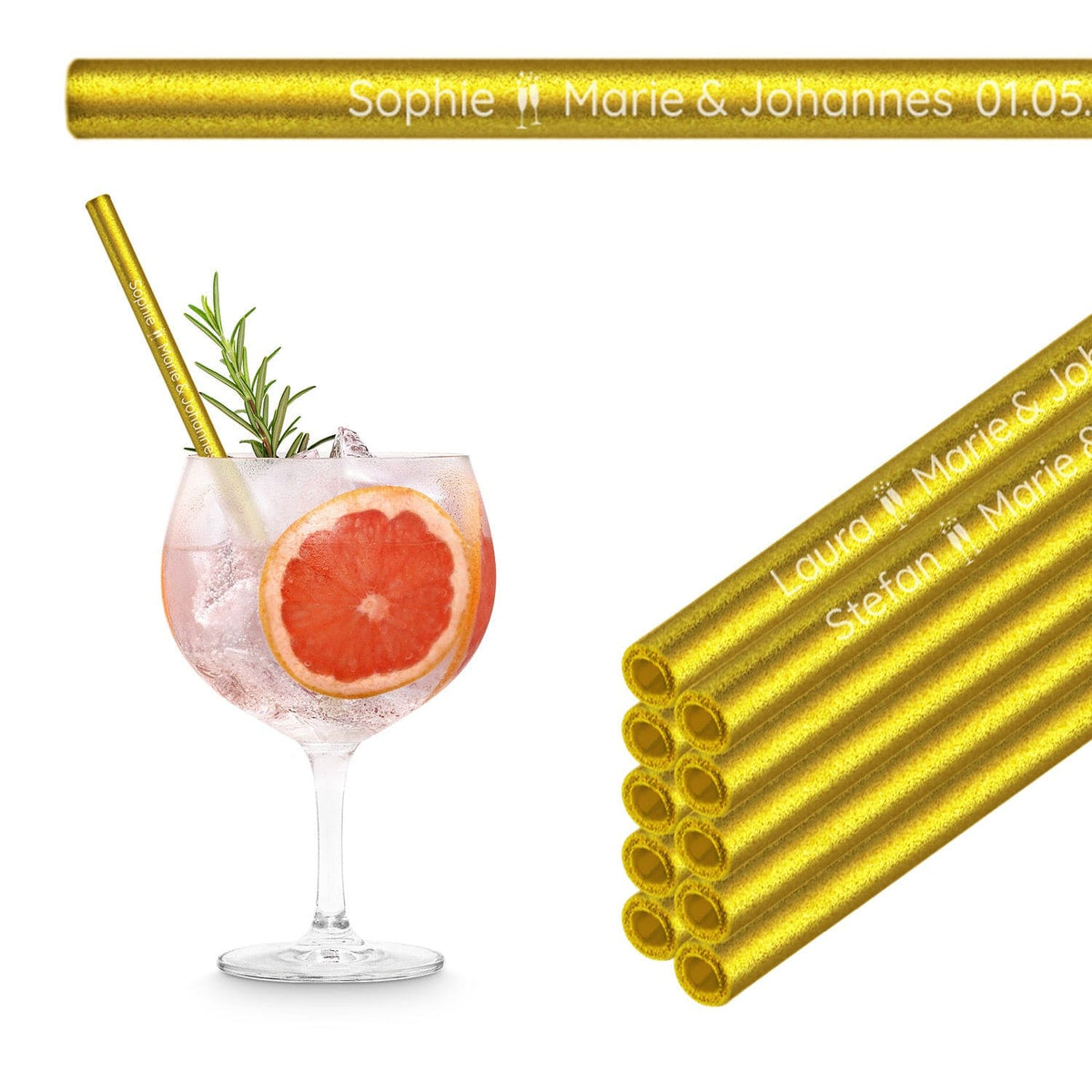 Wedding guest gift - engraved glass straws with 10 individual guest names
