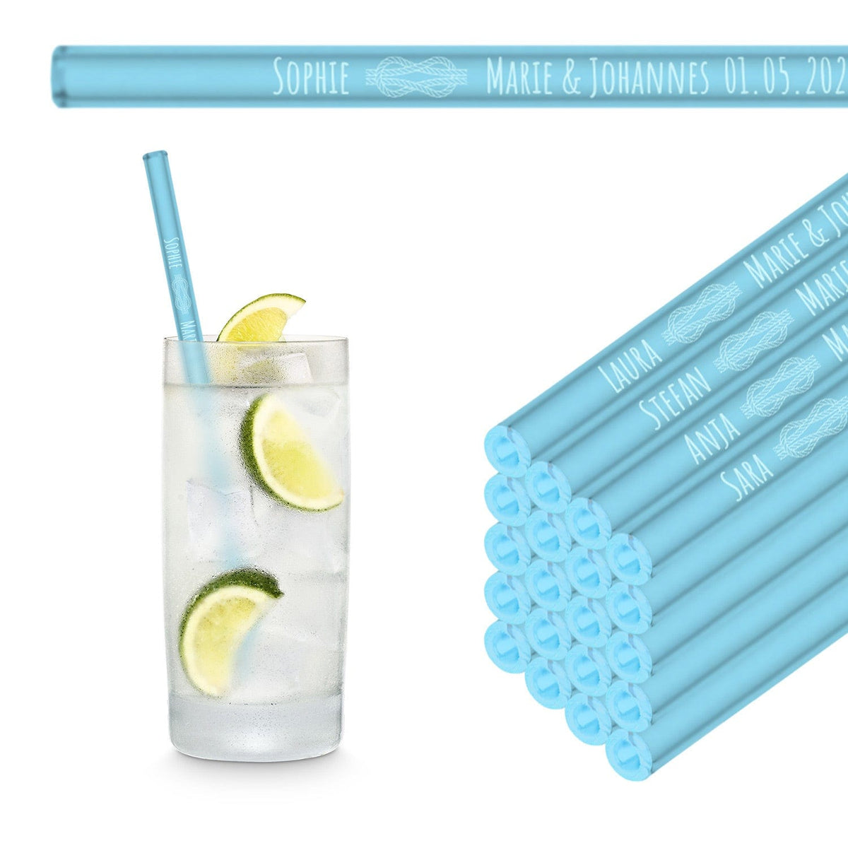 Glass straws with 20 individual name text - gift for wedding, communion or family celebration