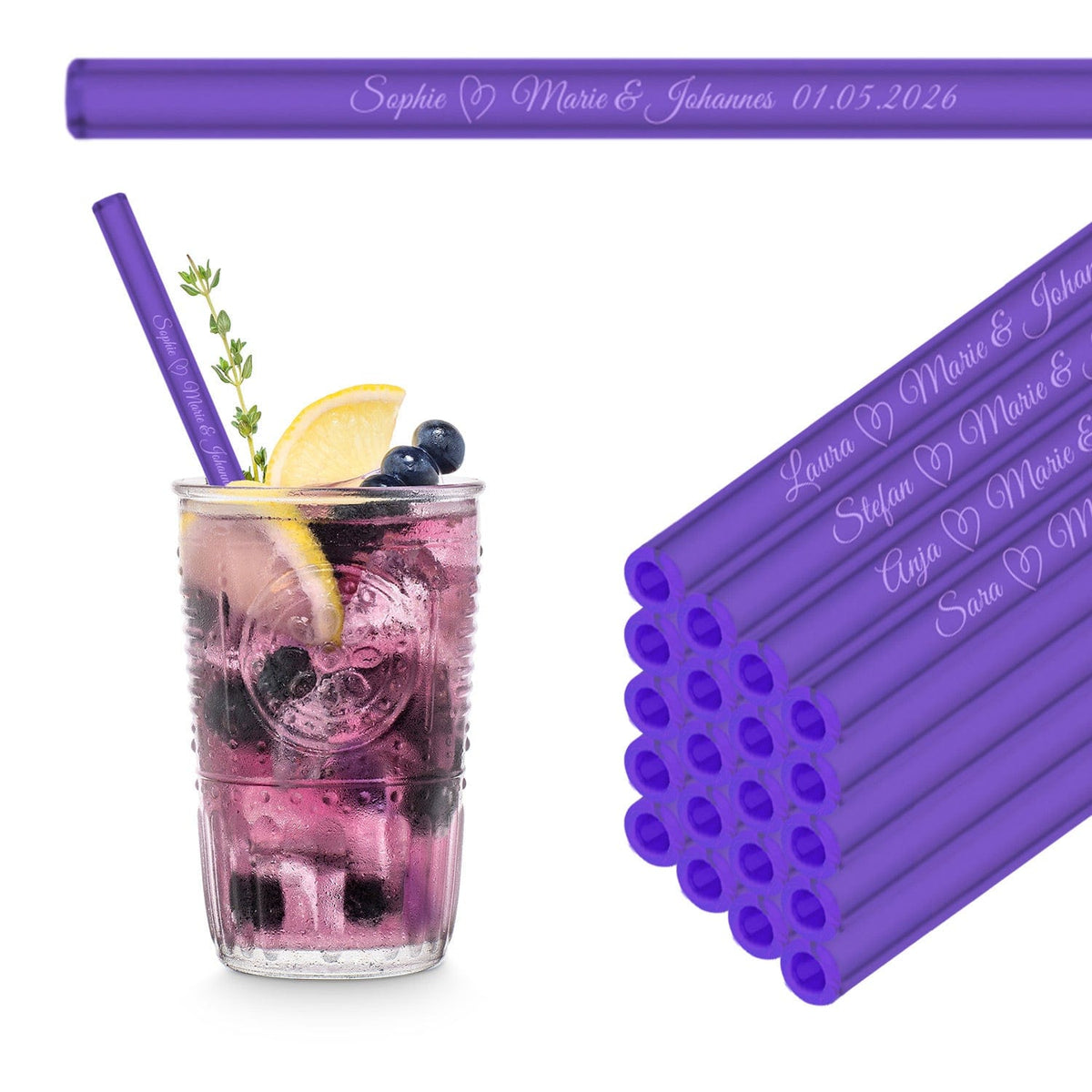 Glass straws with 20 individual name text - gift for wedding, communion or family celebration