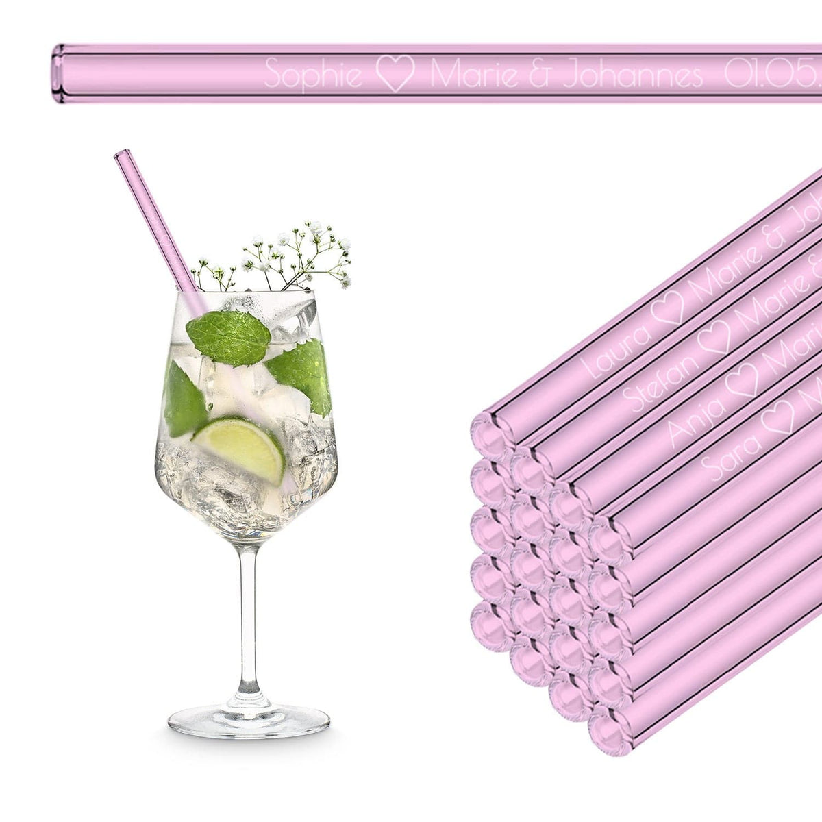 Glass straws with 20 individual name text - gift for wedding, communion or family celebration