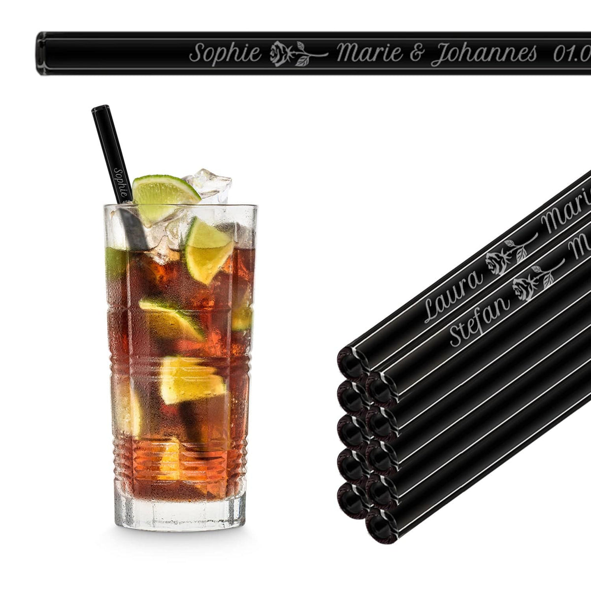 Wedding guest gift - engraved glass straws with 10 individual guest names