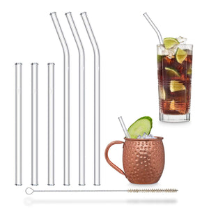 HALM Strohhalm aus glas gemischte packung fuer smoothies cocktails bio saft 3 x 23cm gebogen 3 x 15cm gerade mit natur buerste