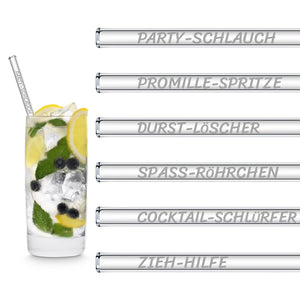 HALM Glasstrohhalme Lustige Strohhalm Namen Edition 6x Glastrinkhalme für Party Cocktails - 15cm, 20cm, 23cm